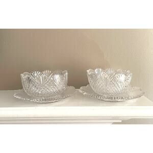 Vintage Etched Crystal Bowl and Plate, Sawtooth Scalloped Edge, Set of 2